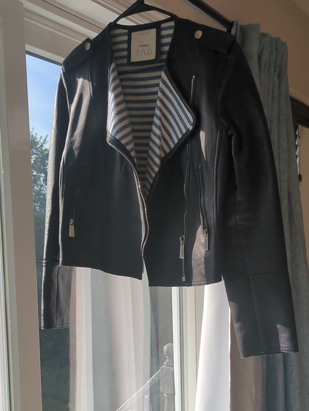 PINKO TAG Black Lamb Leather Moto Jacket Striped Lining